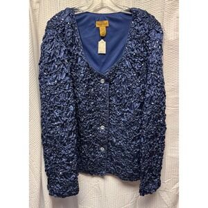 Midnight Velvet Blue Satin Sequin Formal Jacket Crinkled Evening Bling 22W NWT